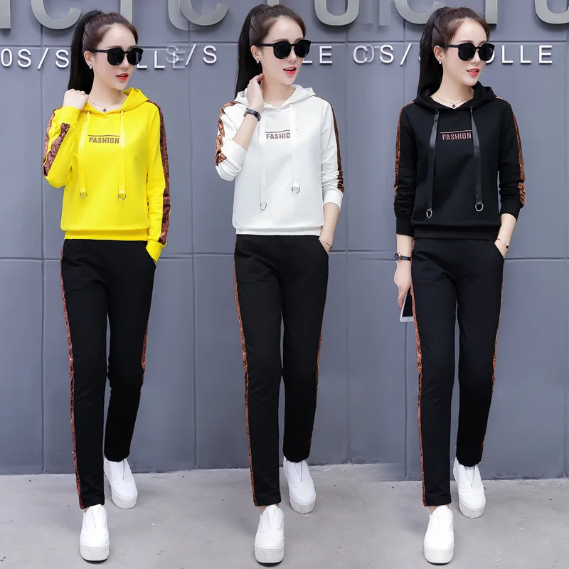 

2019 Women's clothes Spring Korean Embroidered Hooded Casual Sports Set Summer Fashion Two piece sets Factory Sale tracksuit New