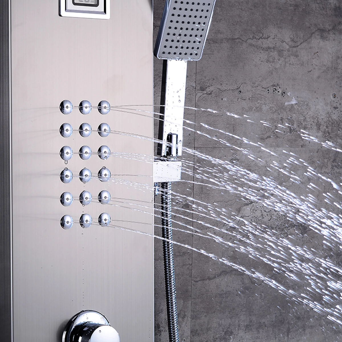 Günstig Gebürstetem Nickel Massage Jet Tankless Regendusche Turm Badezimmer niederschlag Dusche Panel Thermostat Auslauf Dusche Spalte