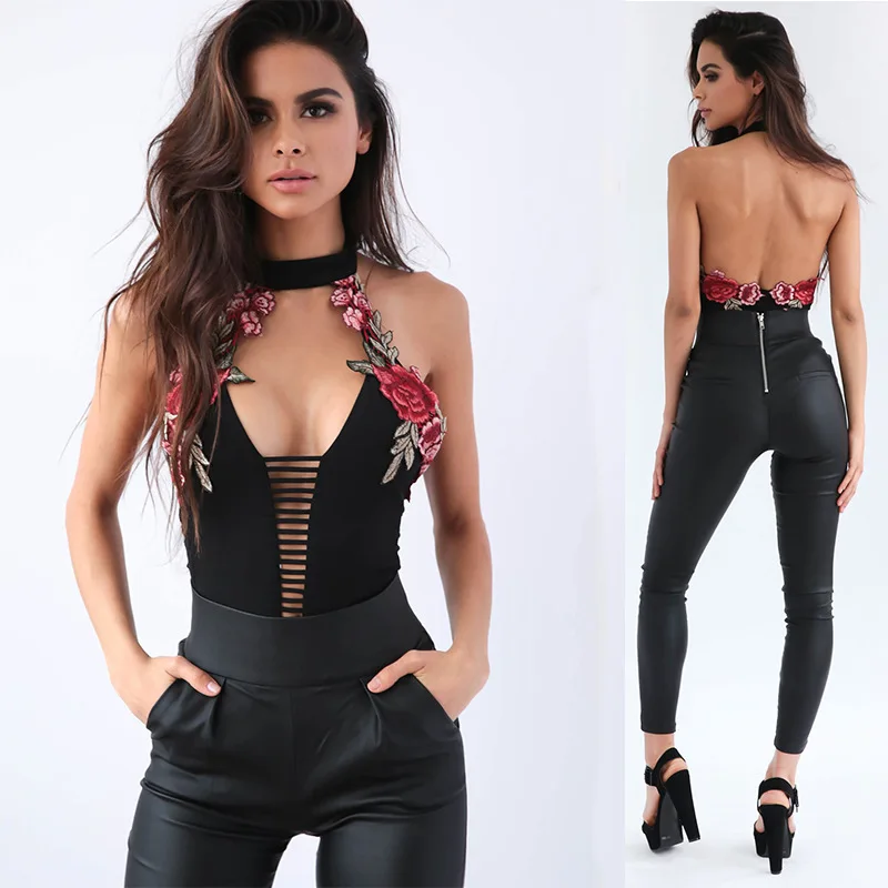 

beach off shoulder jumpsuit sexy plunge open back bodies female backless flower embroidery halter backless bodysuit women