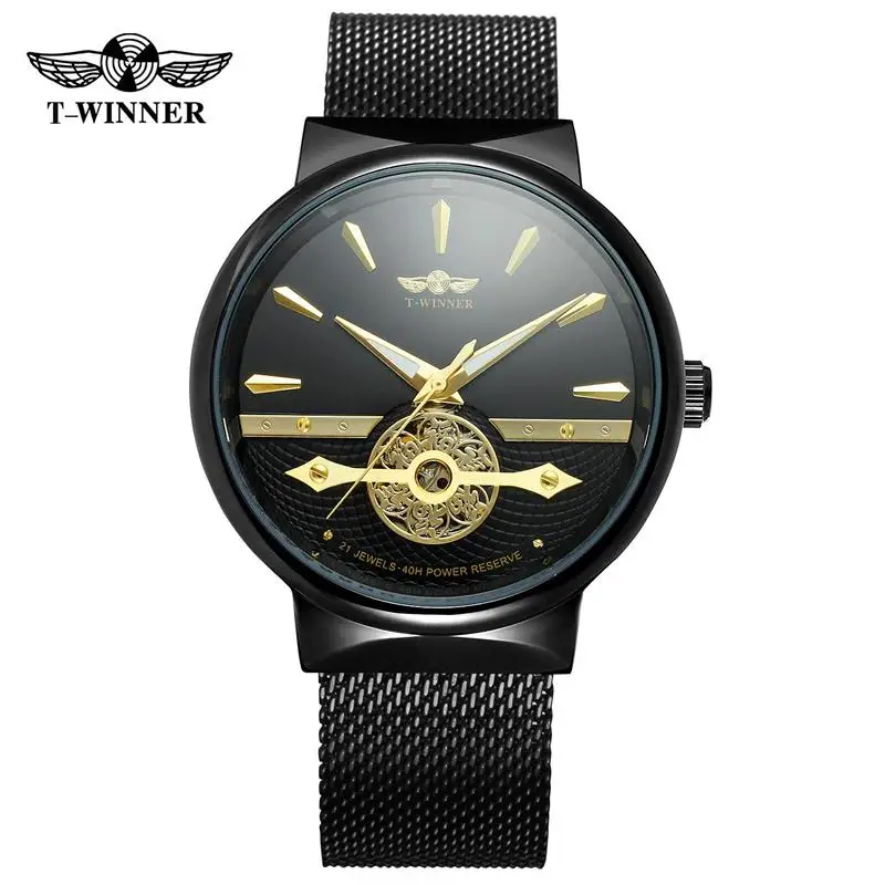 

Winner Black Mesh Band Stainless Steel Golden Gear Movement Mens Transparent Case Mens Skeleton Wrist Watches Top Brand Luxury