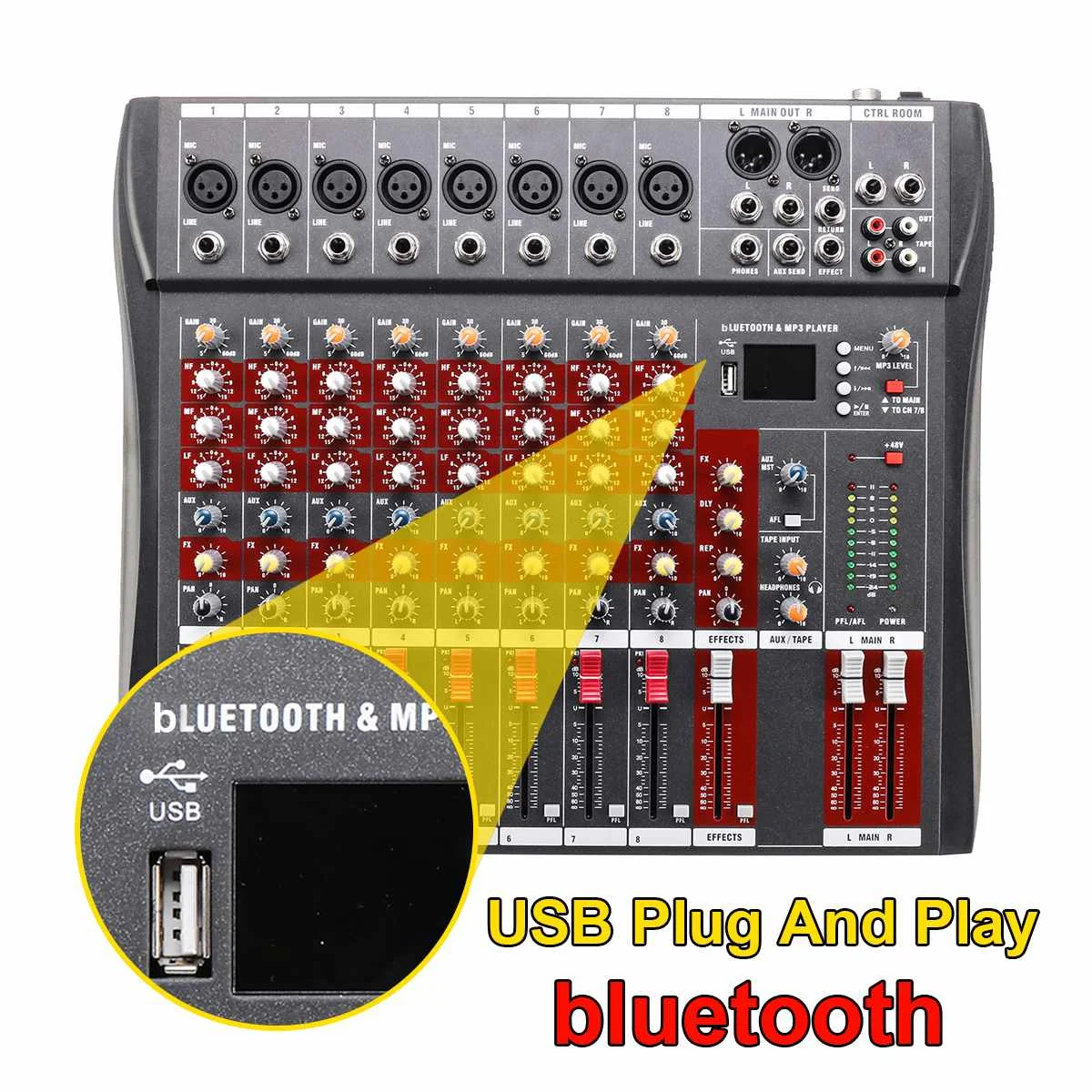 

8 Channel DJ Sound Mixer with bluetooth Record Professional Live Studio Karaoke Audio Mixing Console Phantom Power USB Jack 48V
