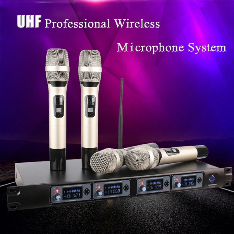 

4 Handheld 4 Channel Karaoke Microphone System UHF Long Range Wireless LCD Display Microphone Mic For Home KTV Singing
