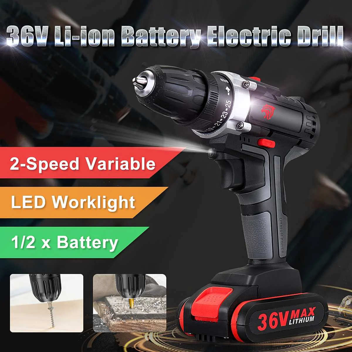 

36V Electric Cordless Drill Daul Speed Adjustment LED lighting Electric Drill Household Drill Tools set