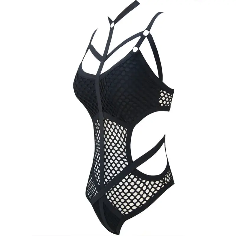 Günstige Rosetic Frauen Schwarz Sheer Stricken Net Mesh Sexy Frauen Bademode One Piece Badeanzug Weibliche Badende Badeanzug Schwimmen Halter