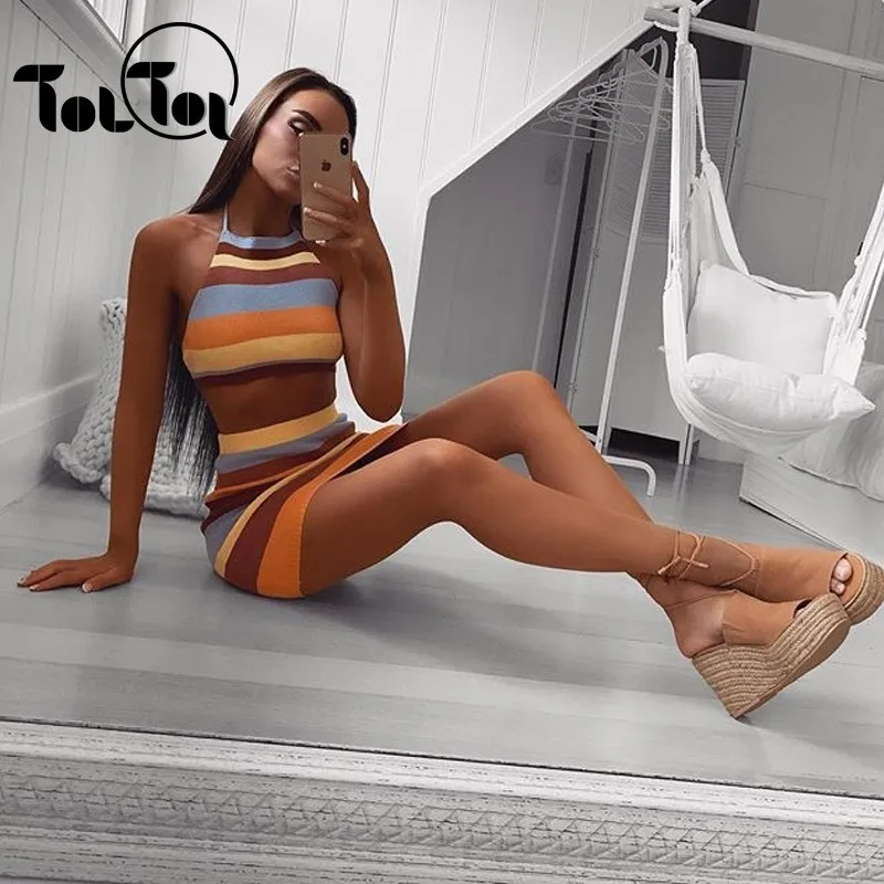 

Bodycon Mini Dress Women Spaghetti Strap Two Piece Dresses Stripe Party Black White Halter Dresses Summer Ladies Outfit