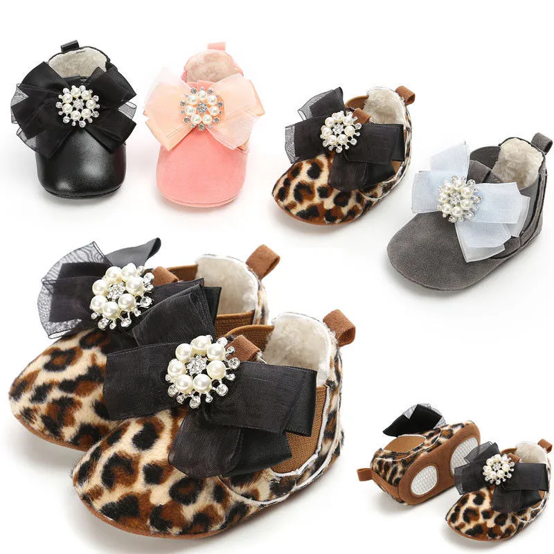 

Newborn Baby Girls Shoes Cute Bow Pearl Soft Sole Leather Crib Toddler Shoes Winter Warm Little Kids Anti-slip Sneaker Prewalker