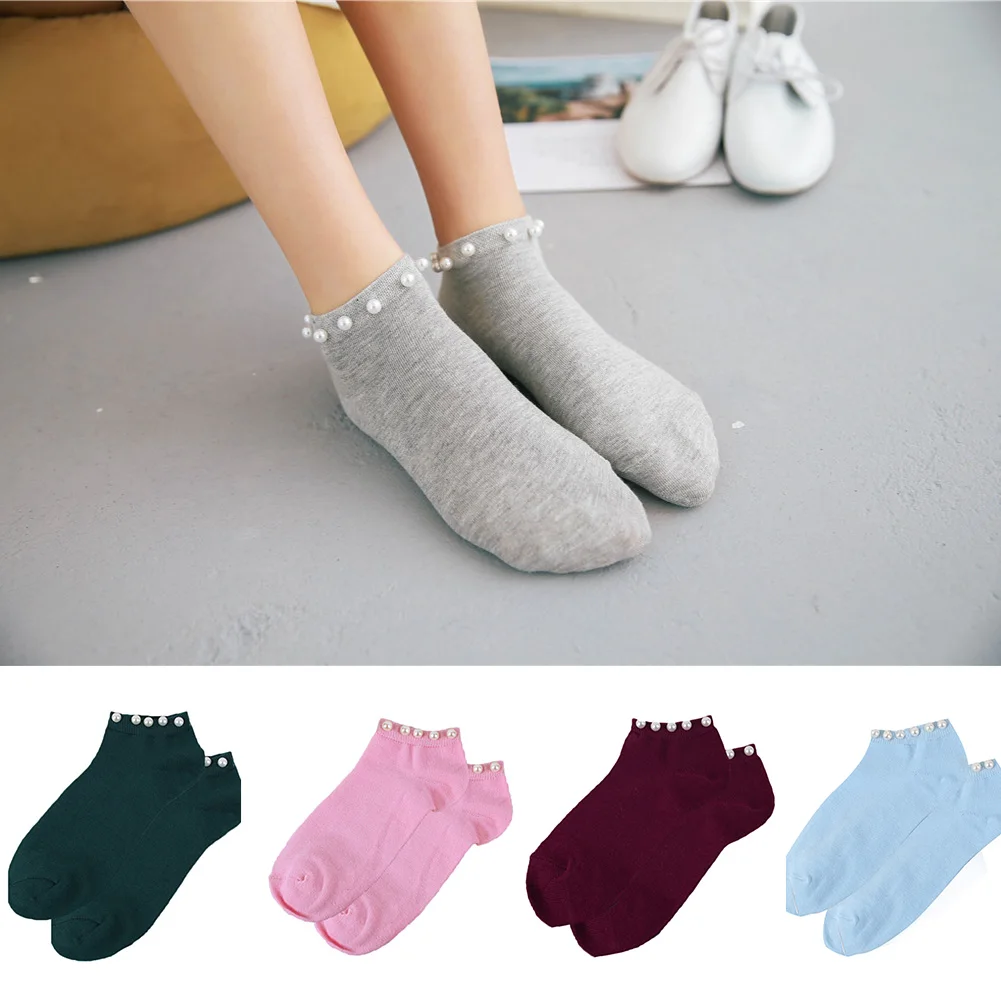 

2018 New Pearl Decorative Socks Women Rhinestone Autumn Short Harajuku Socks Women Cotton Funny Ankle Socks