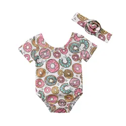 Pudcoco 2 шт. пончик печати новорожденных детей обувь для девочек боди костюм с повязкой на голову летний комплект одежды
