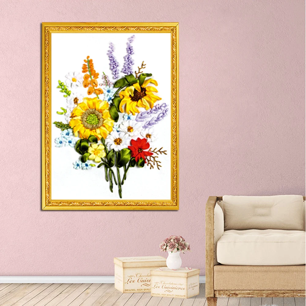 Chinese Cross- Stitch Kits 3D DIY Embroidery Sets Flower Pattern Cross Stitch Ribbon Needlework