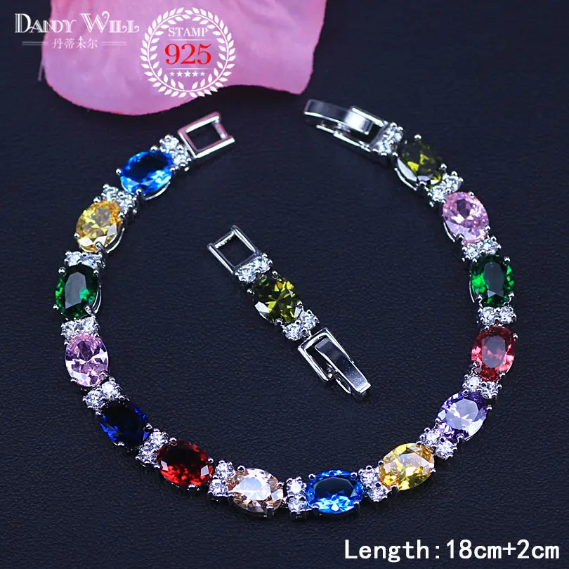 

Summer Colorful 925 Sterling Silver Jewelry White Zirconia Women Trendy Bracelets With Rose Red Blue Green Stone BR77
