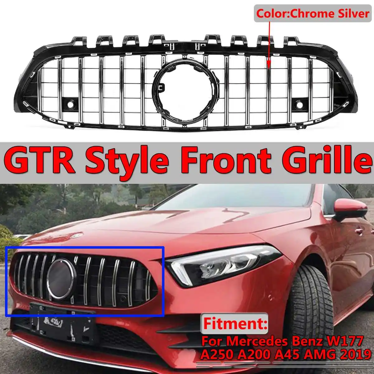 

Silver W177 A250 GTR GT R Style Car Front Bumper Mesh Grill Grille For Mercedes For Benz W177 A250 A200 A45 For AMG 2019