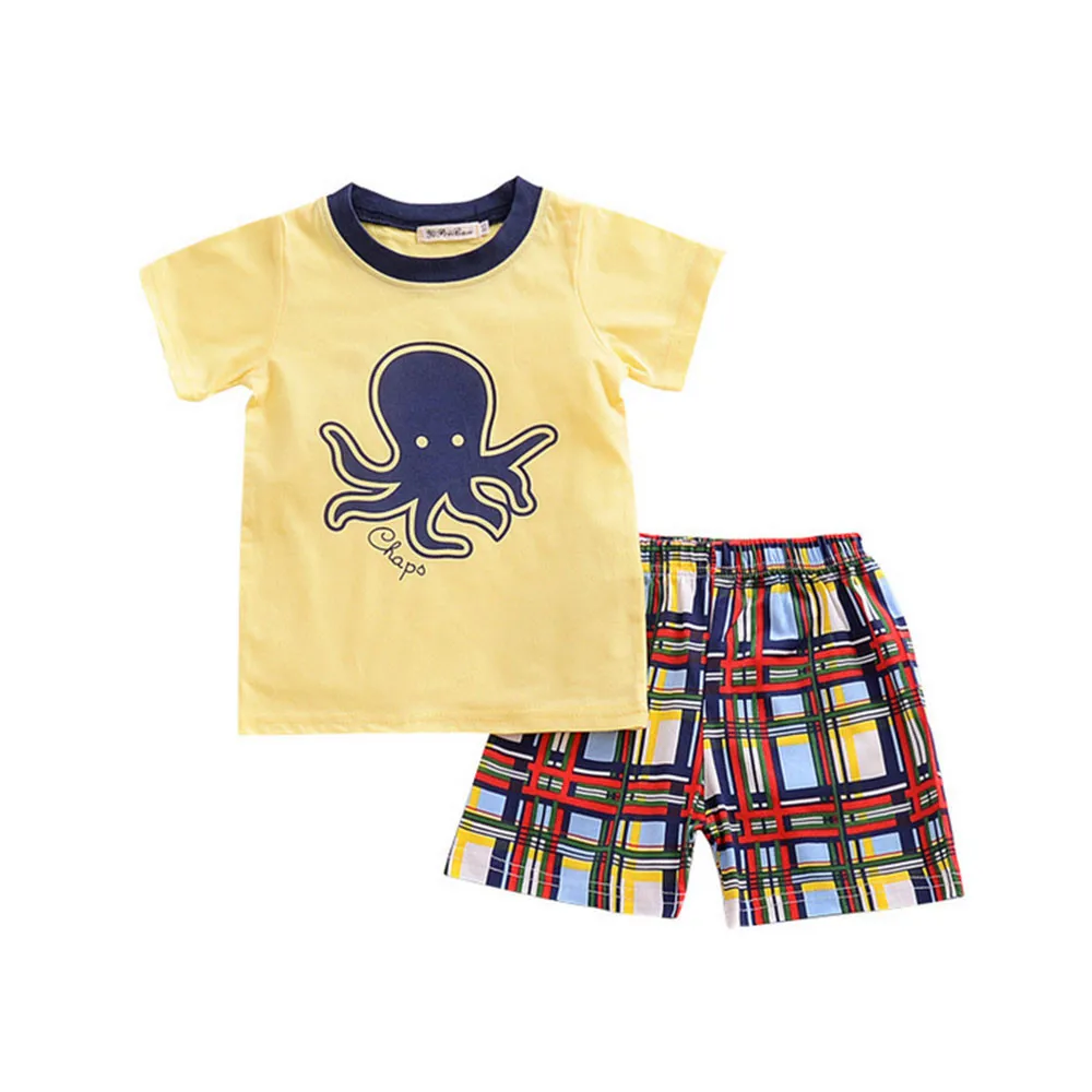 Newest Summer Boy Clothes Set Children T-Shirt Plaid Pant Suit Kids Short Sleeve Outfit  Clothes Set