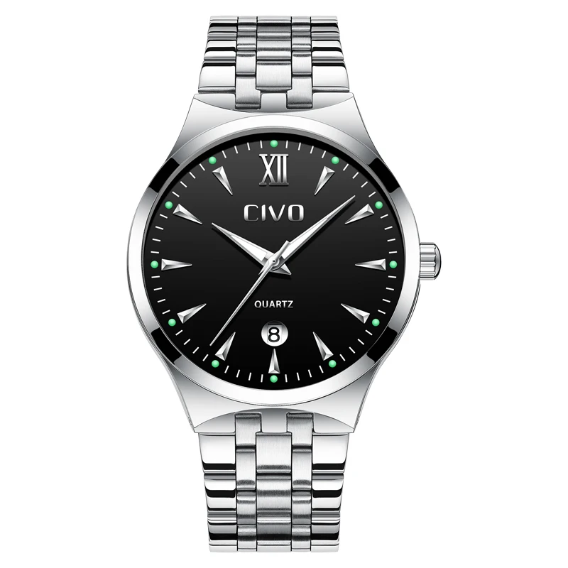 

CIVO New Fashion Luxury Brand Mens Watches Stainless Steel Business Quartz Watch Waterproof Analogue Luminous Watches Male Clock