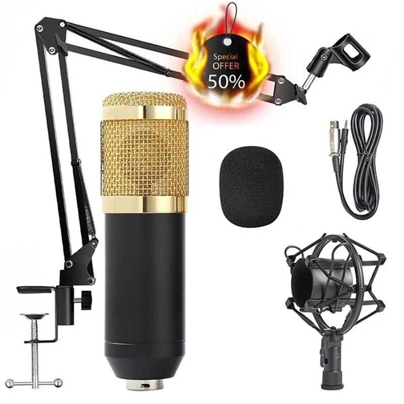 

Mic Speaker Condenser Microphone Sound Studio Audio Recording Mic with Shock Mount with 3.5mm microphone cable for KTV Singing