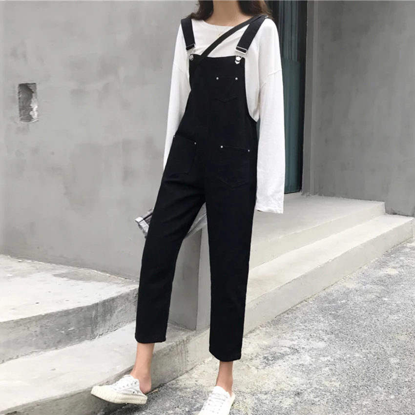 

Spring Summer Women Loose Straight Denim Jeans Pants Solid Color Sleeveless Overalls Straps Jumpsuit Casual Romper