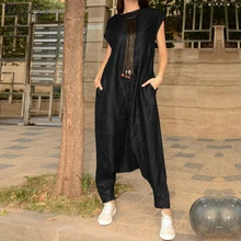 Women Jumpsuit ZANZEA 2019 Vintage Sleeveless Overalls Drop Crotch Rompers Wide Leg Trousers Long Playsuits Combinaison Femme 7 drop crotch racer back solid cami jumpsuit