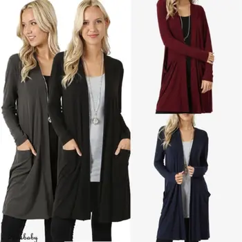 

Women's Long Sleeve Open Front Solid Slim Fit Long Cardigan Outwear Coat Loose