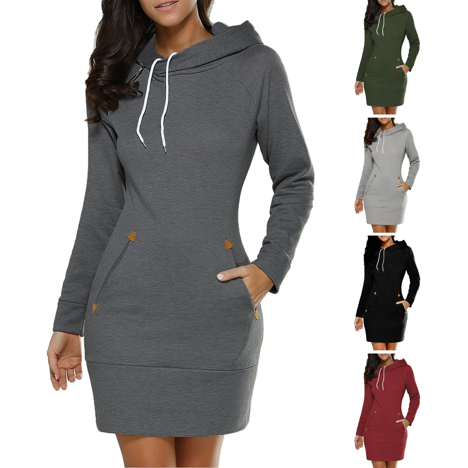 Plus Size Hooded Women's Long Sleeve Splice Pocket Sweatshirt Dress For Ladies High Neck
