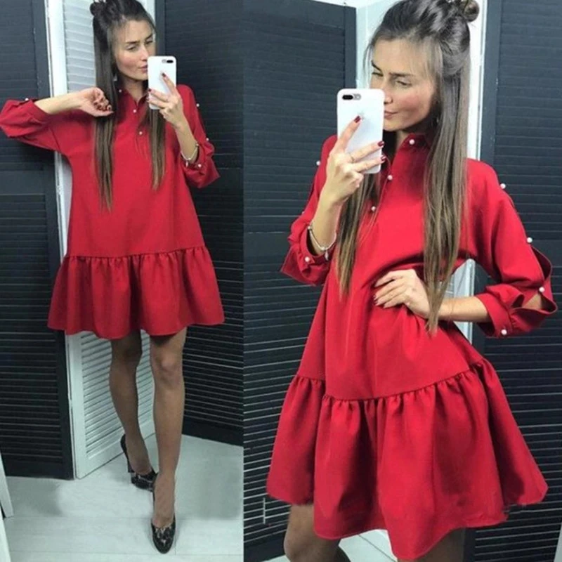Women Dress Elegant Long Sleeves Ladies Mini Dresses Pearl Ruffle Party Dresses Women Evening Club Wear Solid Color Women Dress