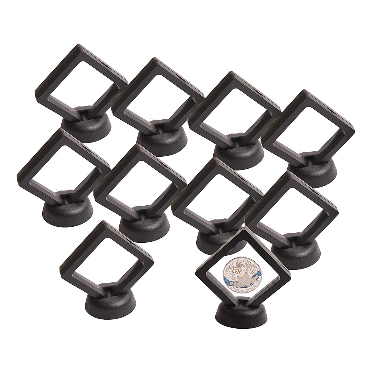 

Coin Display Box - Set of 10 3D Floating Frame Display Holder with Stands for Challenge Coins, AA Medallions, Jewelry, Black,