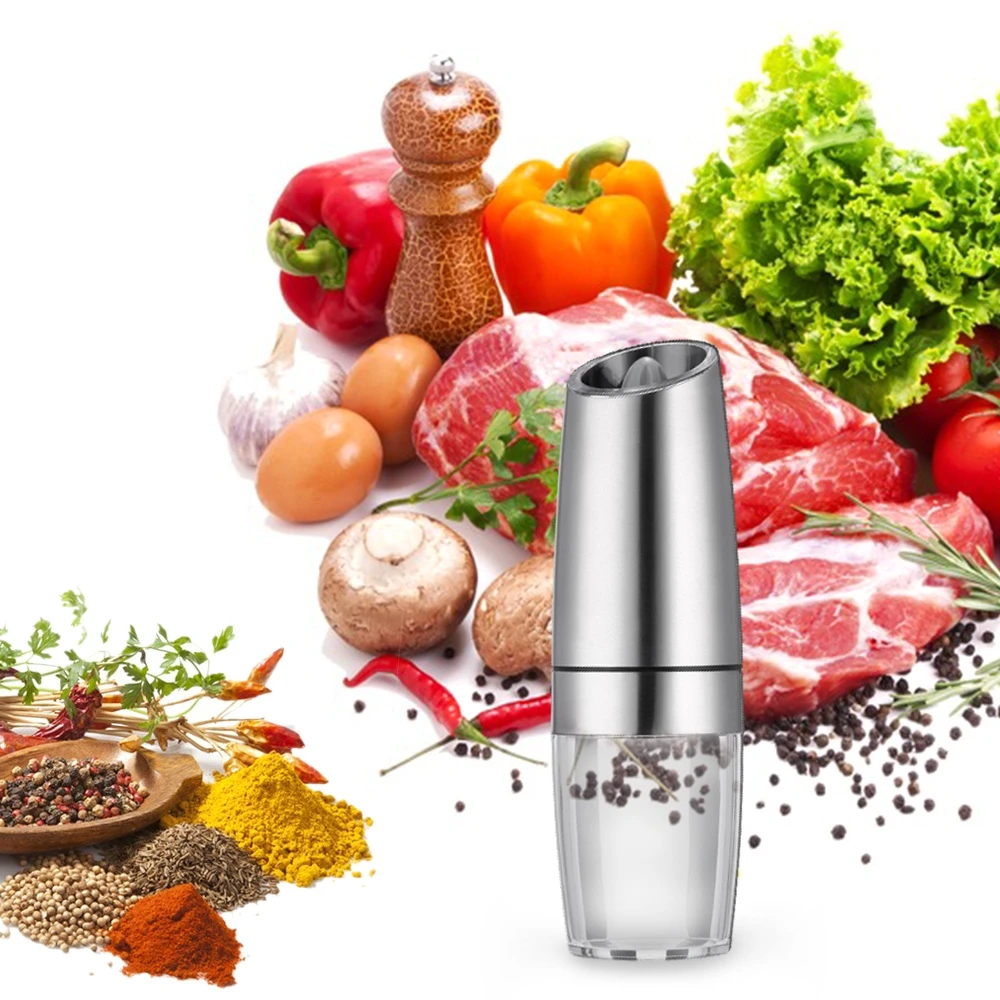 

Gravity Induction Electric Pepper Grinder with Adjustable Grind Coarseness LED Light Stainless Steel Salt Grinding Kitchen Tools