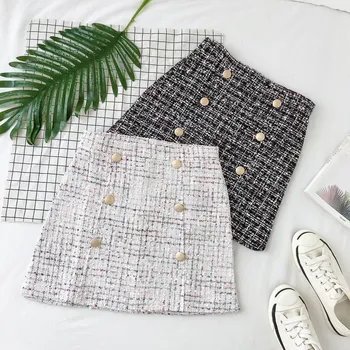 

Small Fragrance Mini Skirt Women Vintage Plaid Double-Breasted Tweed A-Line Skirt High Waist Skirt Femininas