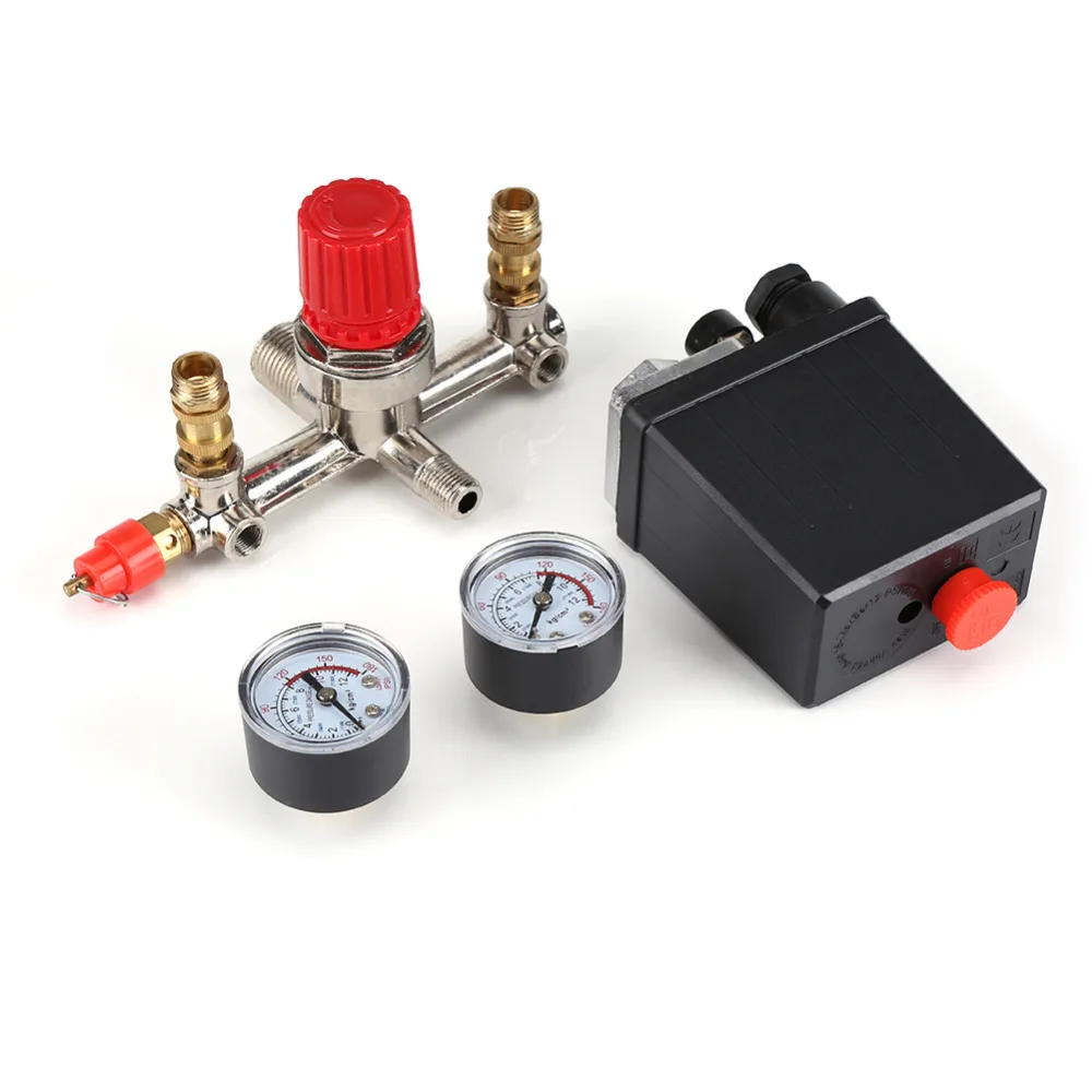 Hot AC 230V 2 Phase 1 Port Pressure Control Switch Valve Air Compressor Pump Control Switch With 2 Press Gauges 0-180 PSI