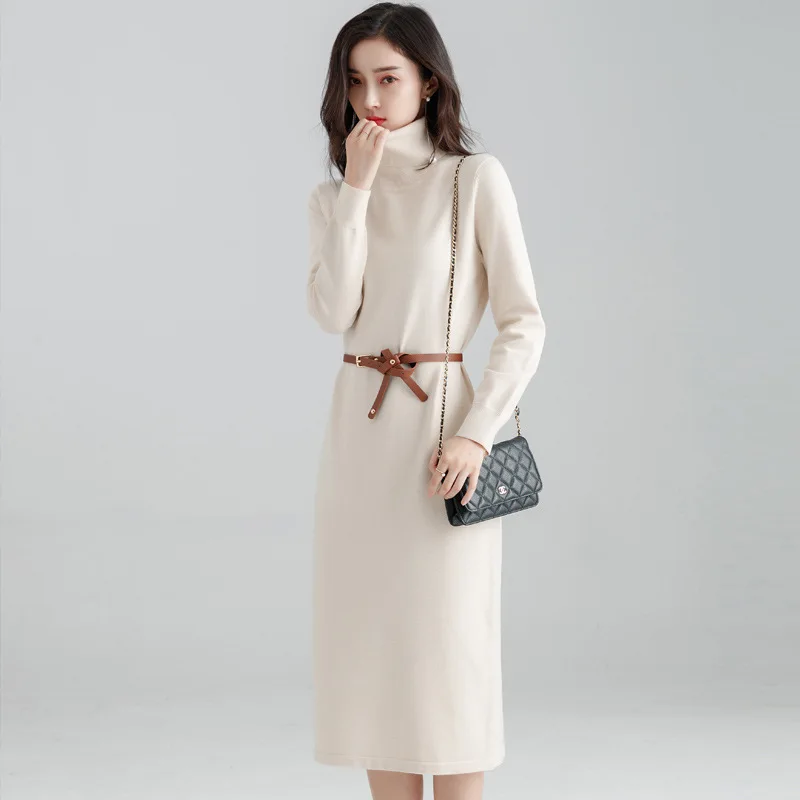 

NEW Autumn Winter Dress Elegant Women High Collar Knit Pullovers Long Sleeve A-Line Dress For Women Vestido vestidos mujer 2019