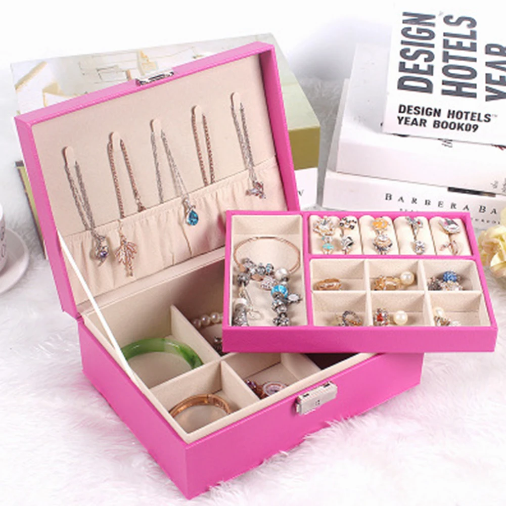 

Home Earrings Large Capacity Ring Necklace PU Leather With Lock Double Layer Storage Case Women Solid Compartments Jewelry Box