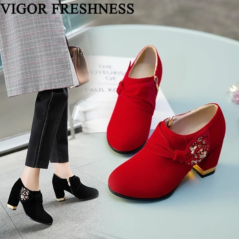 

VIGOR FRESHNESS Woman Shoes Spring Pumps Middle Heels Women Pumps Autumn Stone Pumps Crystal Shoes Plus Sizes 49 50 51 MY232