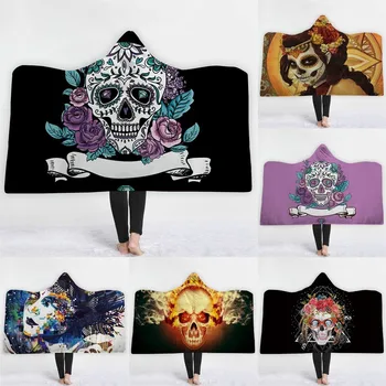 

Warm Skull Hoodie Blanket Thickening Microfiber Plush Sherpa Throw Blanket Sofa/bed/plane Travel Bedding hooded blankets