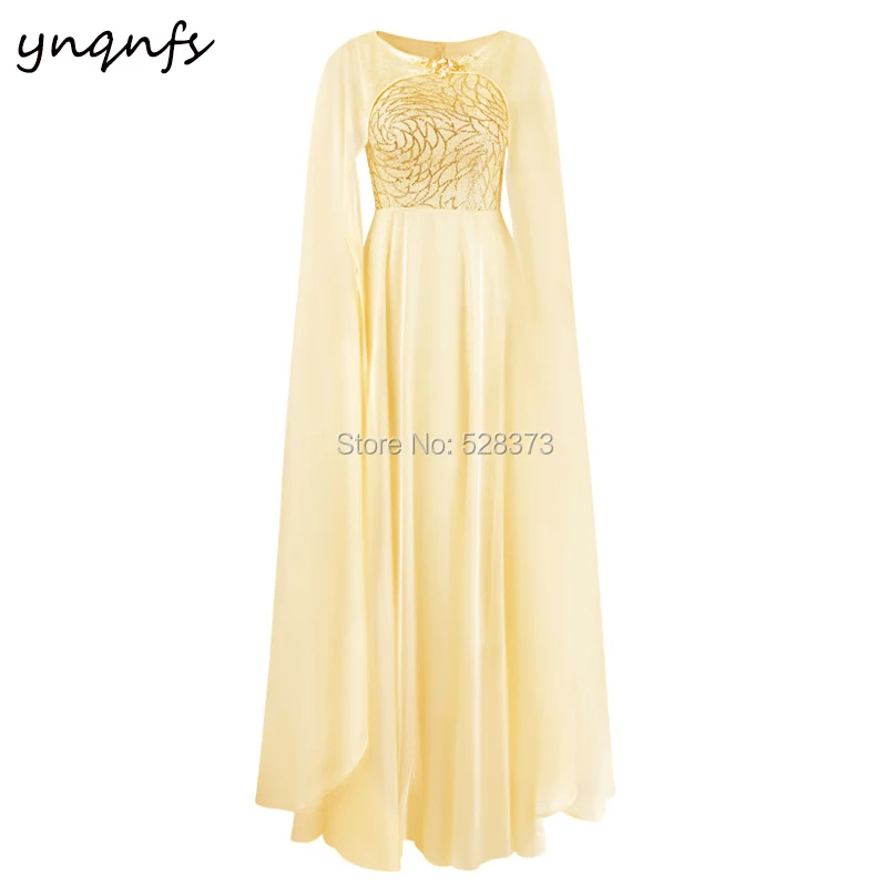 

YNQNFS Custom Made Robe Soiree Kaftan Dubai Cape Long Sleeves Chiffon Yellow Vestido Formal Dress Mother of the Bride Gown M31