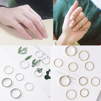 

2020 New Hot Sale 10PCS/SET Simple Design Rings Vintage Golden Silvery Rings Sets for Women Fashion Jewelry