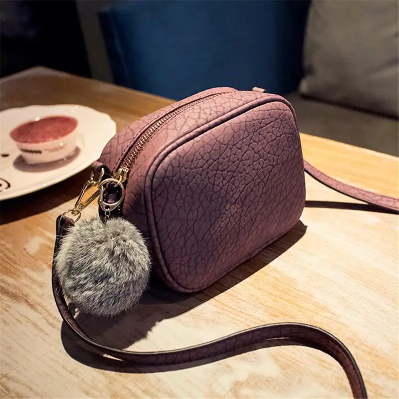 Casual Women Mini Crossbody Bag Embossed PU Leather Small Messenger Shoulder Bag With Pompom Female Tote Sac