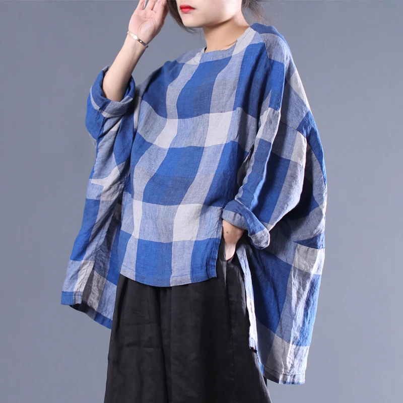 

[EWQ] Spring Summer Of 2019 New Pattern Round Collar Three Quarter Plaid Asymmetrical Patchwork Pullovers Vintage T-shirt AD856
