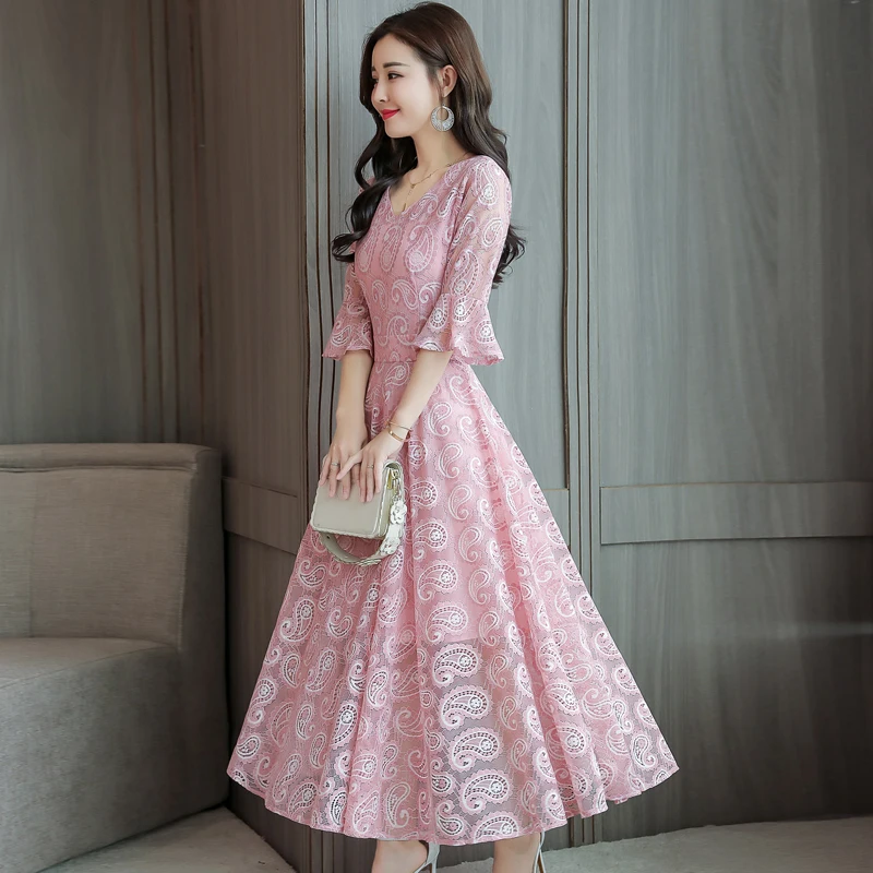 

2019 New Women dress Lace Slim Gentle Fairy Waist Cold Wind Dresses Gray Red Yellow Black Apricot 2079