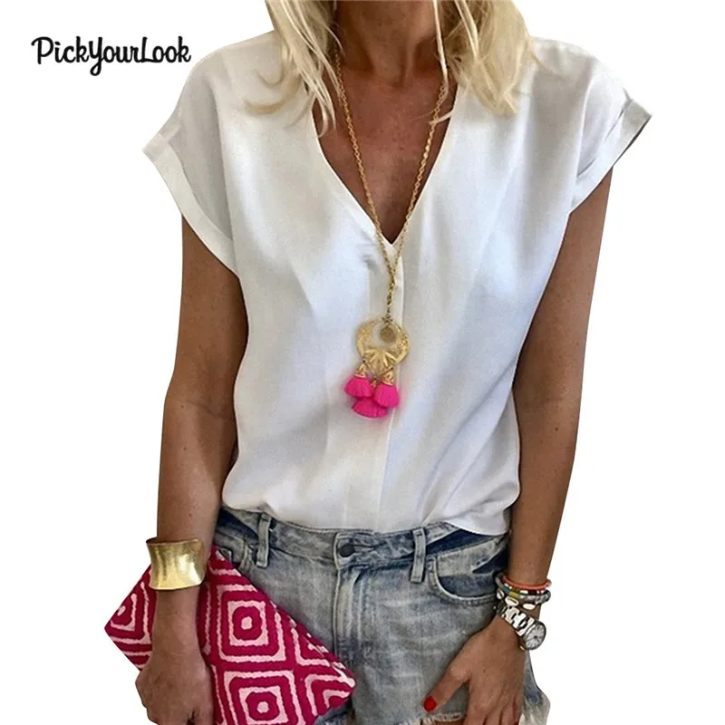 Pickourlook женская блузка с v образным вырезом шифоновая Повседневная однотонная