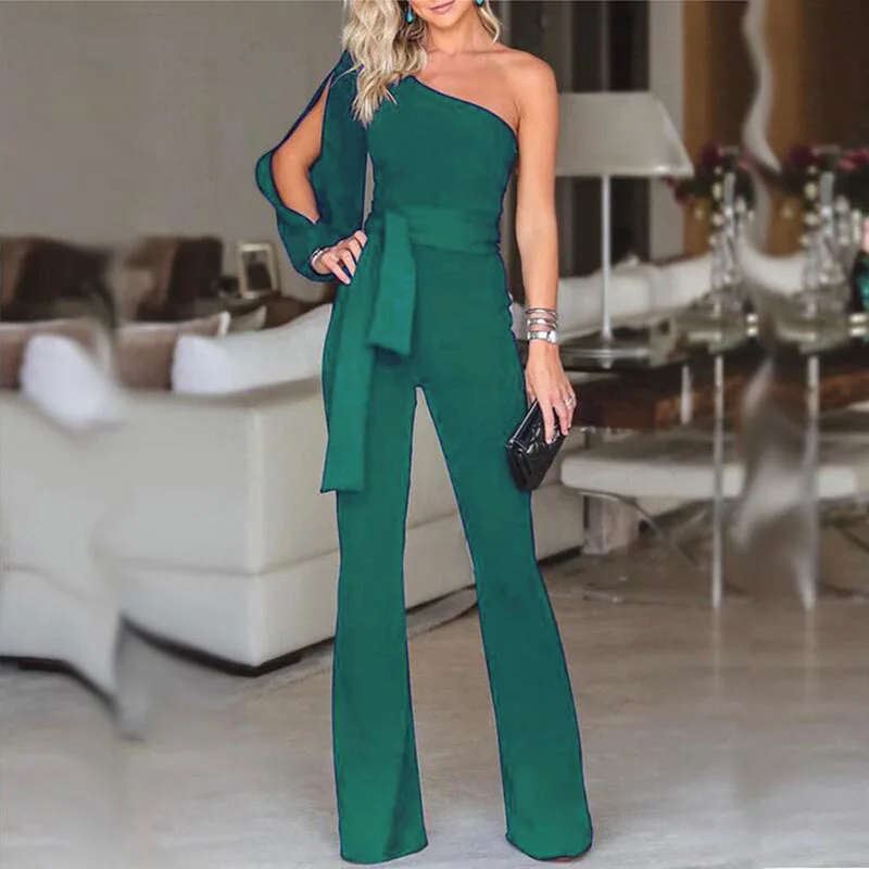 

New elegant full pants Women Ladies Long Sleeve One shoulder hoolow Bandage Evening party elegant sexy Jumpsuit Romper overalls