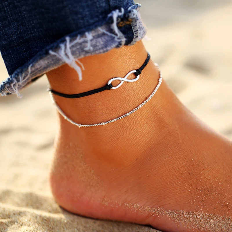 

New Boho Infinite Beads Anklets For Women 2019 Fashion Sun Pendent Multi Layer Anklet Cotton Handmade Chain Foot Jewelry