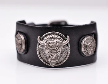 

Metal Longhorn Bull Studded Genuine Punk Quality Wide Cowhide Leather Bracelet Cuff Wristband Bangle Black