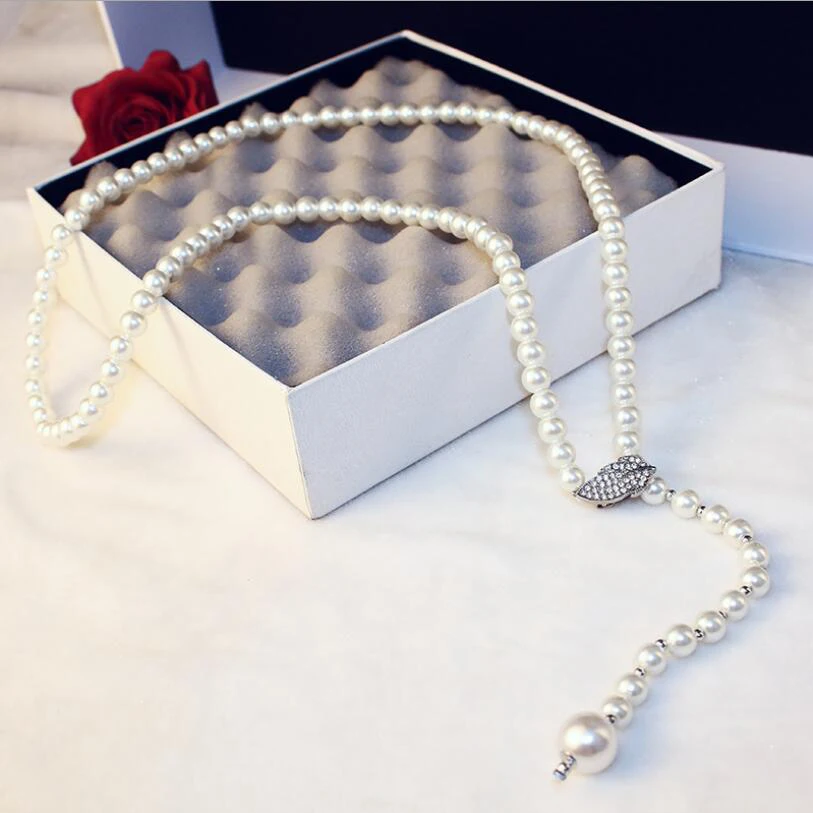 

2019 Beads Imitate Shiny Pearl Sweater Chain Necklace Fashion Zircon Simulated Pearl Long Sweater Necklaces for Women Jewelry