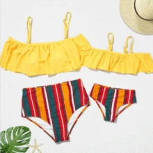 Семейные купальные костюмы с оборками для мамы и дочки; бикини в полоску для девочек; купальный костюм; бразильская пляжная одежда; размер XXL