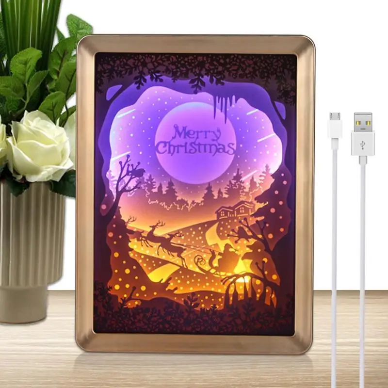 3D Christmas LED Laser Hollow Paper Light Box Party Festival Decor USB Power Supply Lamp Christmas Decoration Home Night Light