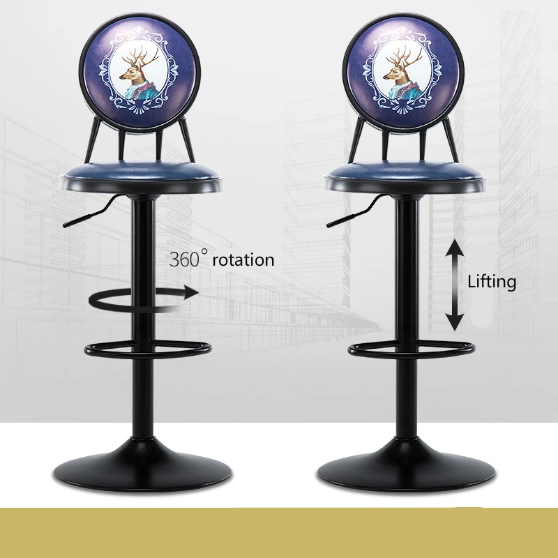 European Style Iron Bar Chair Lifted Rotated Retro Printing High Stool with Backrest Multi-purpose PU Seat Front Desk Chair