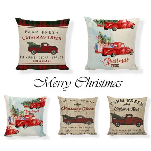 

Merry Christmas Red Farm Fresh Christmas Tree Throw Pillow Case Truck Happy Camper Cushion Cover for New Year