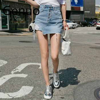 Casual Irregular High Waist Denim Skirt Light Wash Women Ripped Mini Skirt Female mini 2019 Summer stylish buttoned bleach wash denim skirt for women