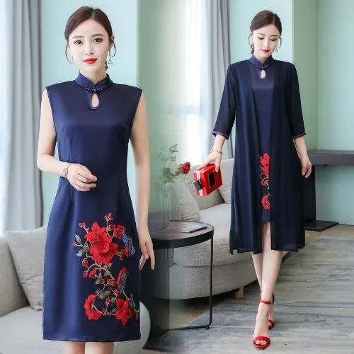

2019 New Women Spring Summer Vintage Floral Embroidery Dress Ladies Casual Two Pieces Set PartyDresses Vestidos Plus Size
