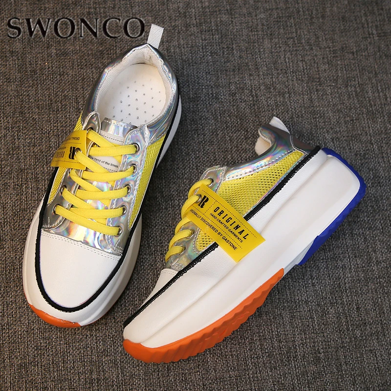 

SWONCO Sneakers Women Vulcanized Canvas Neon White Shoes Ladies 2019 New Mesh Sneakers Platform For Female Casual Shoes Wedge