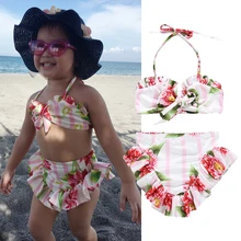 Красивый комплект из 2 предметов для маленьких девочек с цветочным принтом, набор купальников бикини, Летний милый купальник с оборками и высокой талией, купальный костюм, пляжная одежда для детей от 1 до 6 лет