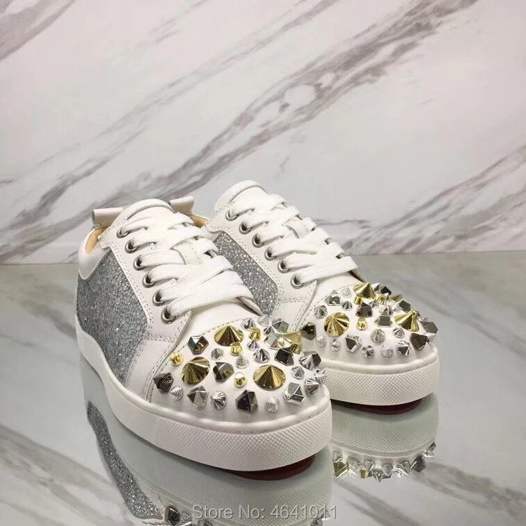 

Lace-Up cl andgz red bottoms shoes low-Cut For Men Rhinestone Diamond Leather Shaped Rivet casual lovers Sneakers Flat Loafers